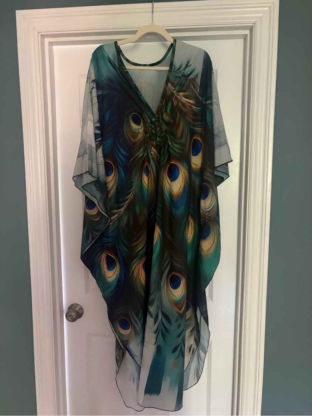 Peacock Feather Print Kaftan - One Size